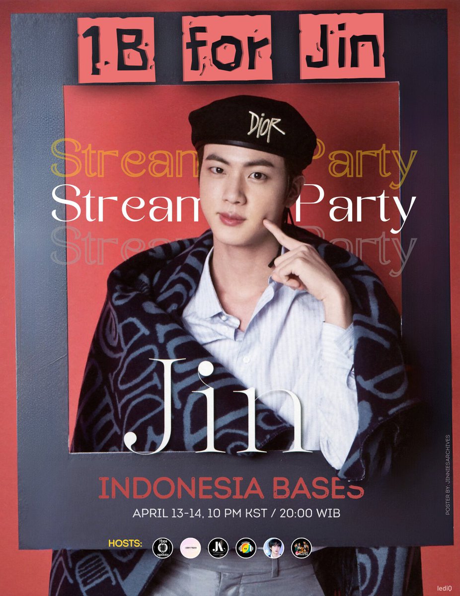 📣 CALLING ALL ARMY 🎶 1B FOR JIN STREAMING PARTY WITH INDONESIA FANBASES 🇮🇩 🗓️Sabtu, 13 April - Minggu 14 April 💬 Mass Trending : 9PM KST / 19:00 WIB 🎧 Streaming Party : 10PM KST / 20:00 WIB Let's join the party, ARMY! 🐹💜 1B For Jin #JinTo1B