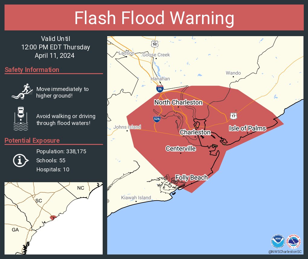 Flash Flood Warning including Charleston SC, North Charleston SC and Mount Pleasant SC until 12:00 PM EDT