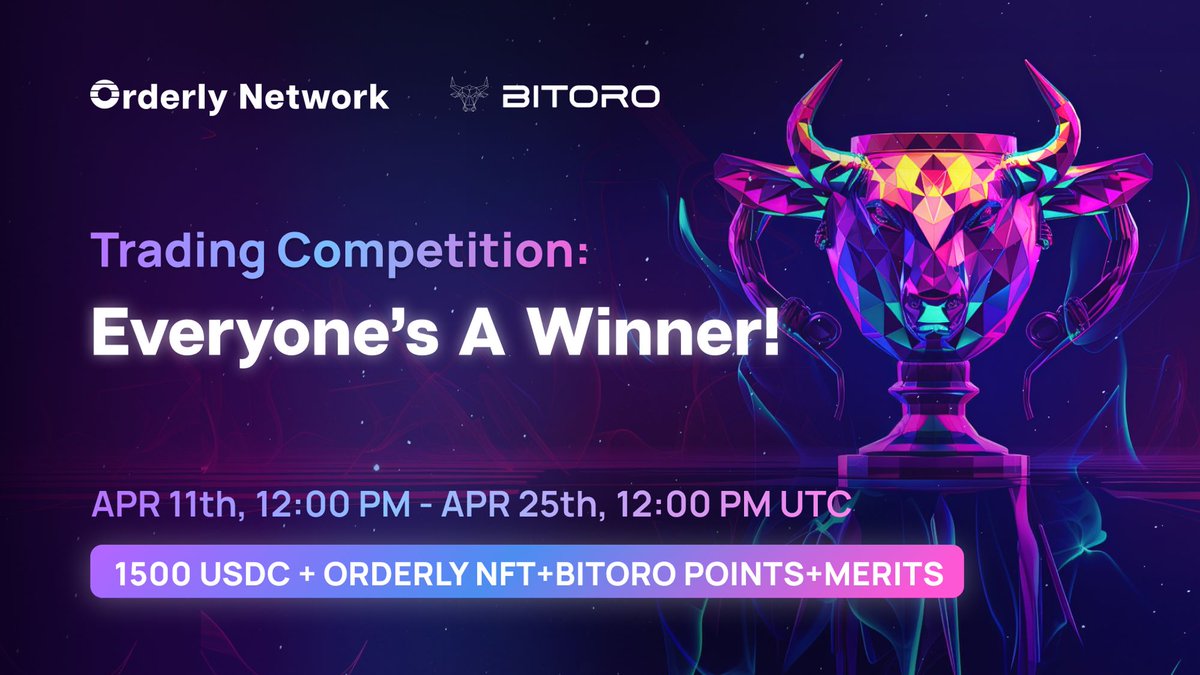 Everyone is a winner campaign.... Trade on @Bitoro_HQ, and qualify for up to $1500 in prizes + earn Bitoro points. while simultaneously earning Orderly Merits. Starts April 11 at 12 PM UTC and ends April 25 at 12 PM UTC. Link: app.galxe.com/quest/orderlyn…