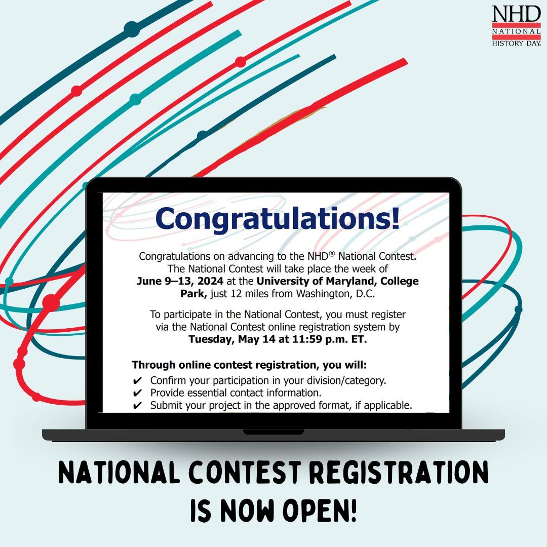 NHD National Contest registration is officially open for teachers and students! If you've advanced to the National Contest from your affiliate contest, head to buff.ly/3vY9Ueq. Registration will close Tuesday, 5/14 at 11:59pm ET. National Contest season is almost here!🥳