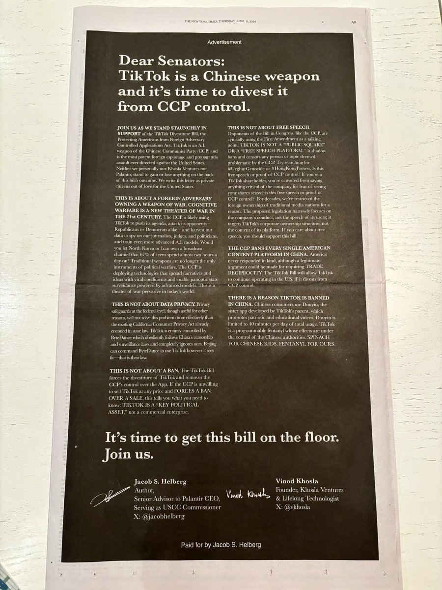 Dear Senators, @vkhosla and I have a message for you: @Tiktok_us is Weapon and It’s Time to Divest it from CCP Control. @nytimes