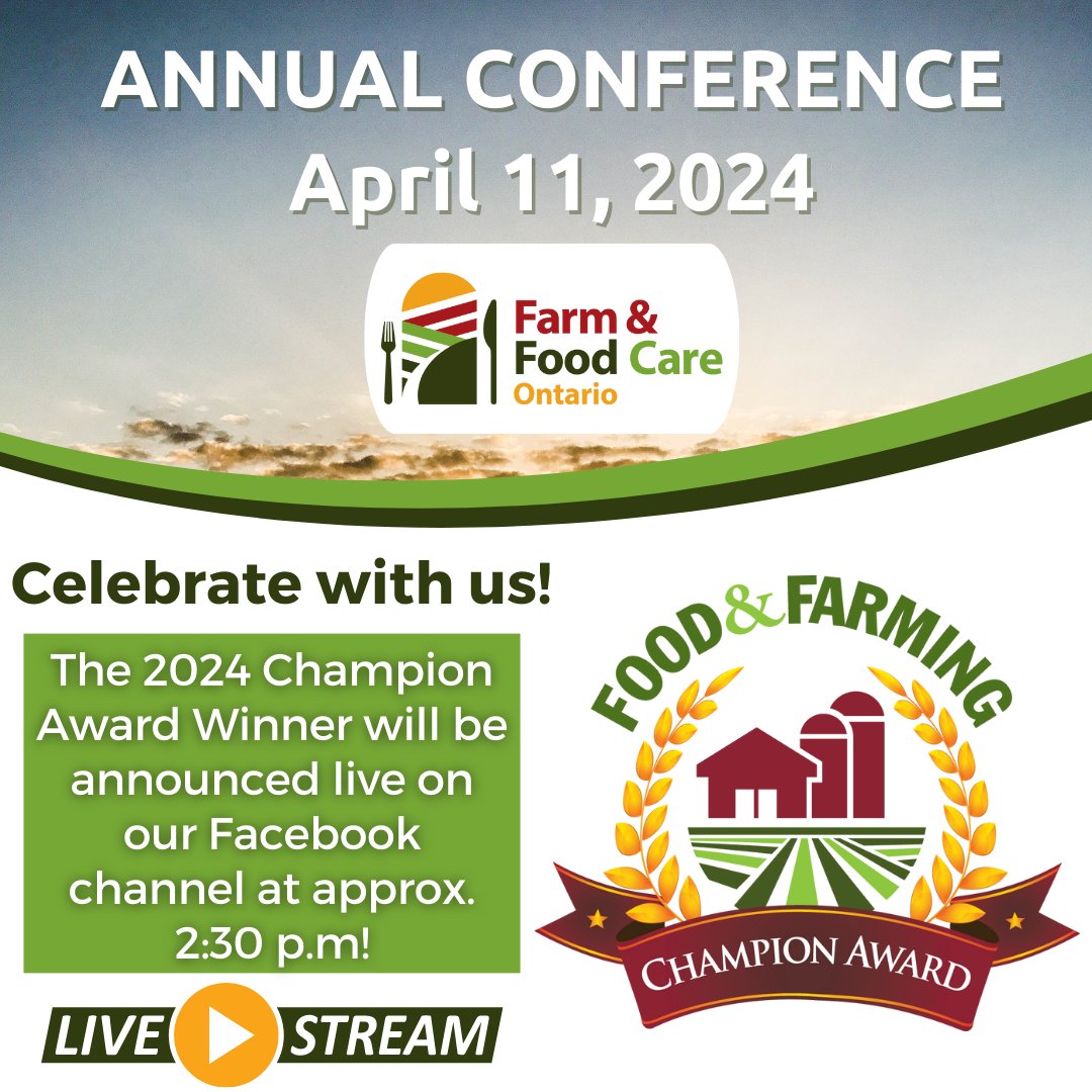 Get ready to cheer on our 2024 Food & Farming Champion Award winner at approximately 2:30 pm! Join us for the big announcement on Facebook Live and celebrate their incredible dedication to the industry. Let's show our support together! #FFCO2024