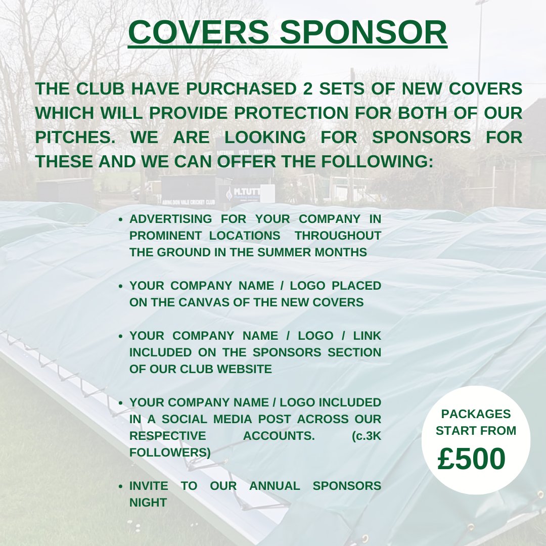 AbingdonValeCC's tweet photo. We have several exciting sponsorship opportunities  available ahead of the upcoming cricket season.

These include a range of options that cater to all budgets, and our various sponsorship packages are detailed on this post... take a look and see what we are able to offer. https://t.co/AlX6avaROJ
