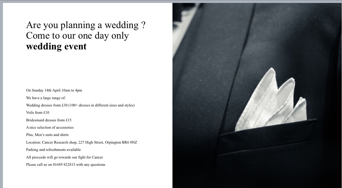 ❤️‍🔥Join @CrukOrpington for a fab #wedding event this Sun 14 April 10-4pm (227 High Street) #orpington for a treasure trove of #weddingdresses #veils #bridesmaiddresses, men’s suits, shirts & more at gr8 prices.

❤️‍🔥Together let’s make a difference 🙏🏼@CR_UK #charity 

✨Please r/t