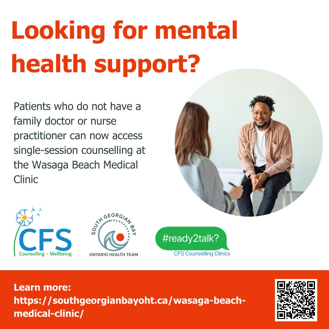 Need mental health support? Single-session counselling is now available for patients who don't have a local family doctor Book an appointment: southgeorgianbayoht.ca/wasaga-beach-m… dial 2-1-1 If you are experiencing a mental health crisis, please call 9-8-8 #ready2talk?