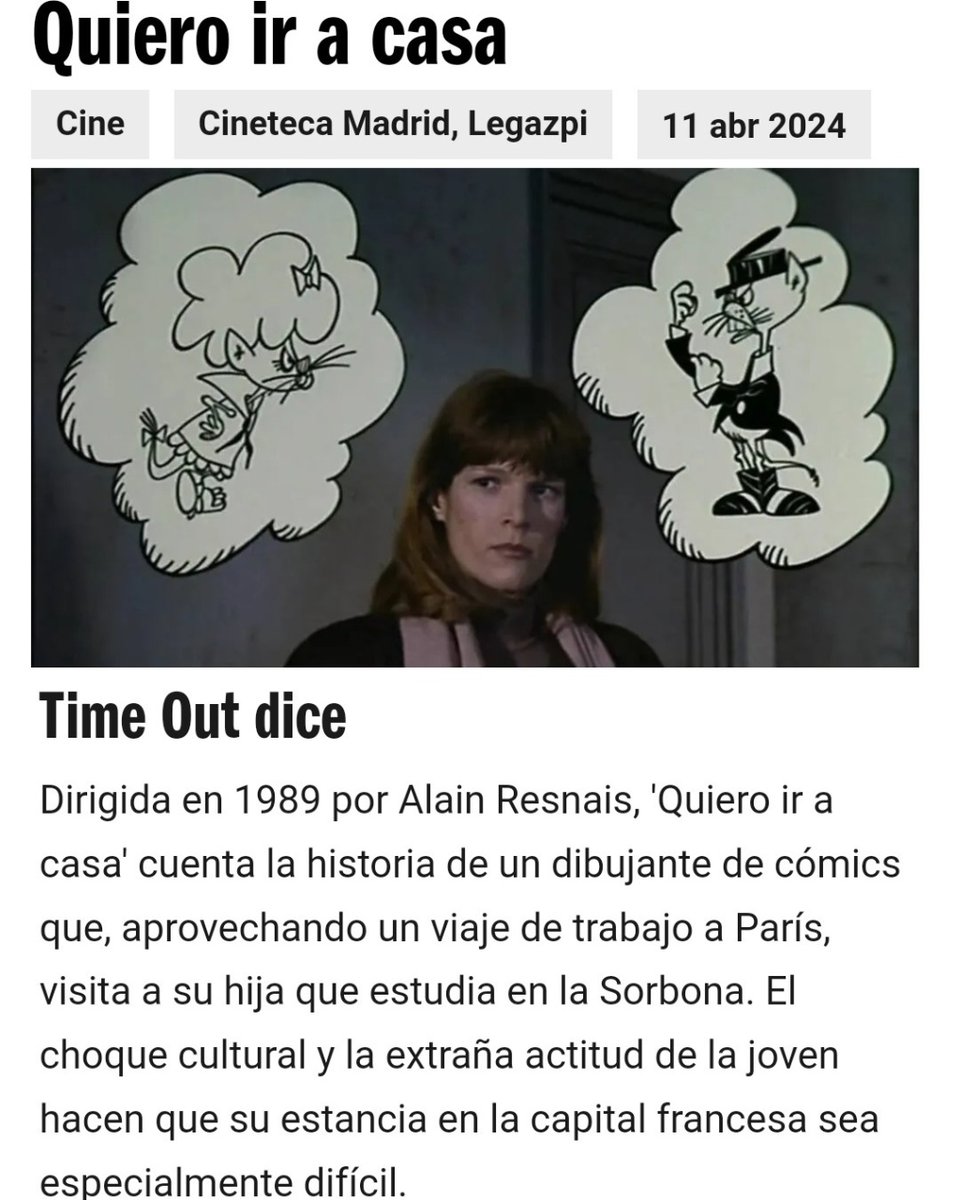 📰Destaca @TimeOutMAD entre las recomendaciones cinematográficas de la cartelera alternativa 'Quiero ir a casa', dirigida por Alain Resnais. Una cinta que os invitamos a ver esta tarde en @CinetecaMadrid en el ciclo «Cine y cómic»⤵️ timeout.es/madrid/es/cine… 📍#MataderoMadrid