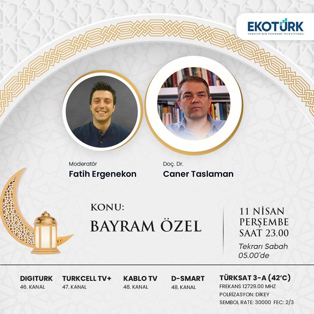 Bugün Ekotürk Tv'de bayramın ikinci günü Prof. Dr. Caner Taslaman ile beraberiz. “Kur’an mucizeleri ve Bilim - Din ilişkisi” üzerine konuşacağız. 📅 11 Nisan Perşembe ⏰ 23.00 📺@Ekoturktv 🛋️@ctaslaman