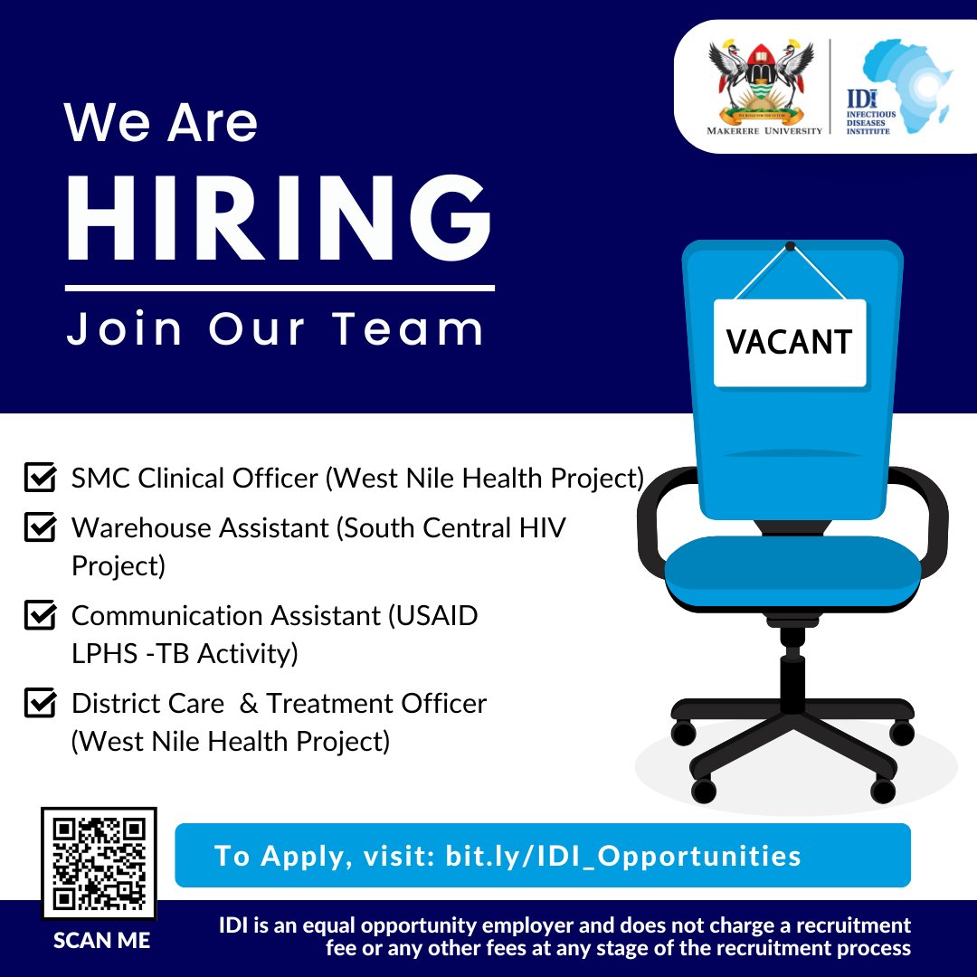 We're hiring! Open positions: - Clinical Officer (West Nile Health Project) - Warehouse Assistant (South Central HIV Project) - Communications Assistant (USAID LPHS-TB Activity) - District Care & Treatment Officer (West Nile Health Project) Apply now: bit.ly/IDI_Opportunit…