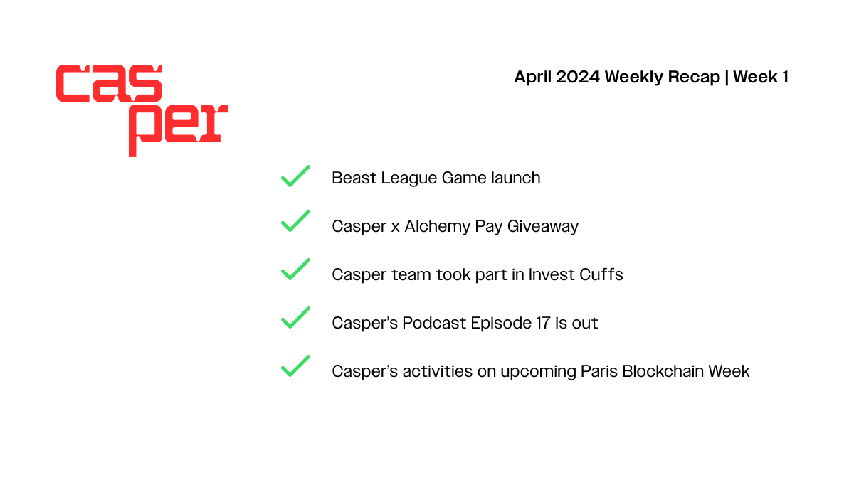 📅 April 2024 - Highlights of the Week 1:

▪️ @playBeastLeague Launch: Dive into the action-packed world of the Beast League #NFT game!
▪️ Casper x @AlchemyPay Giveaway: Exciting rewards await, don't miss out! 
▪️ Casper Team at @InvestCuffs: Learn How Blockchain Technologies…