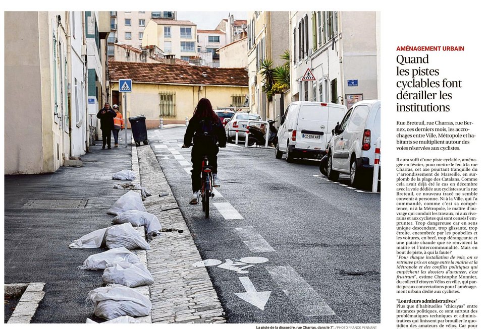 Si on regarde l'article de La Provence d'hier sur le Bd du Sablier et celui d'aujourd'hui, ne faudrait-il pas plutôt titrer : 'Quand les CIQ font dérailler les vélos et les piétons' ? À chaque fois ou presque que l'on essaye de les protéger, on a des réactions des CIQ.