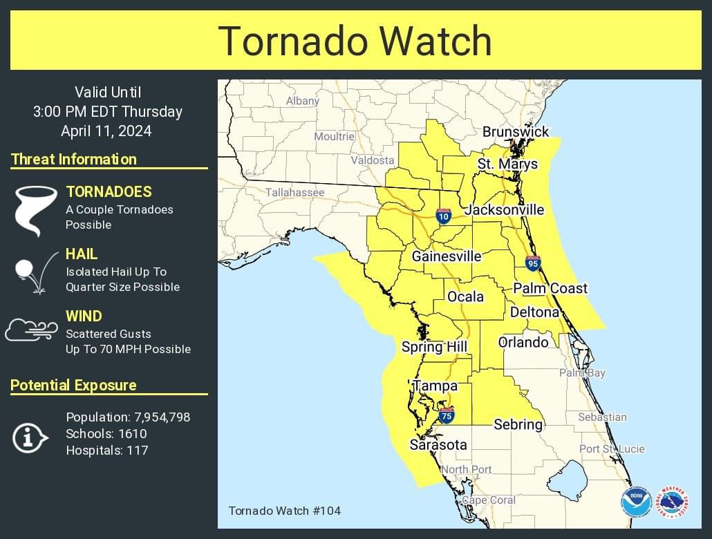 🌪️ A Tornado Watch has been issued for Duval County until 3 p.m. Tornado Watch means conditions are favorable, stay informed and be prepared. Tornado Warning means take shelter immediately!