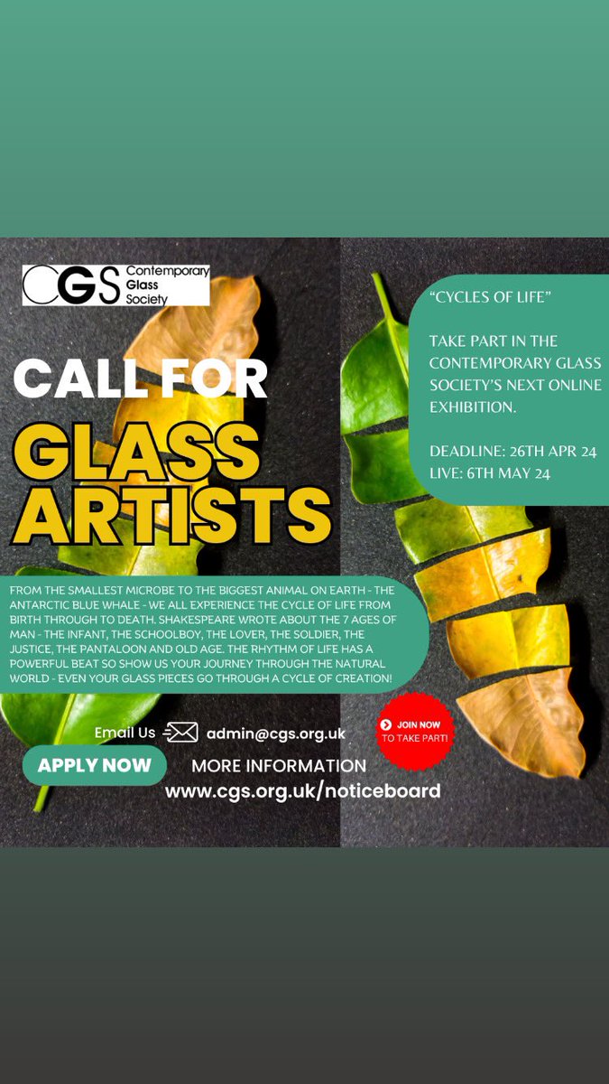 CALL FOR GLASS ARTISTS for “Cycles of Life” – next CGS Online Selling Exhibition!! Now is your chance to enter our next exciting online CGS glass gallery exhibition! Deadline – 26th April cgs.org.uk/noticeboards/c…