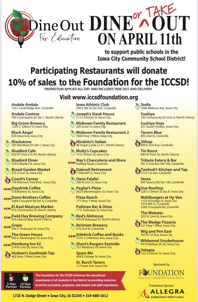 TODAY IS THE DAY! Whether you dine in or grab some takeout, swing by one of our wonderful Dine Out partners and 10% of sales will be donated back to the Foundation for the ICCSD to support our @IowaCitySchools. To learn more, please visit: iccsdfoundation.org/dine-out-for-e….