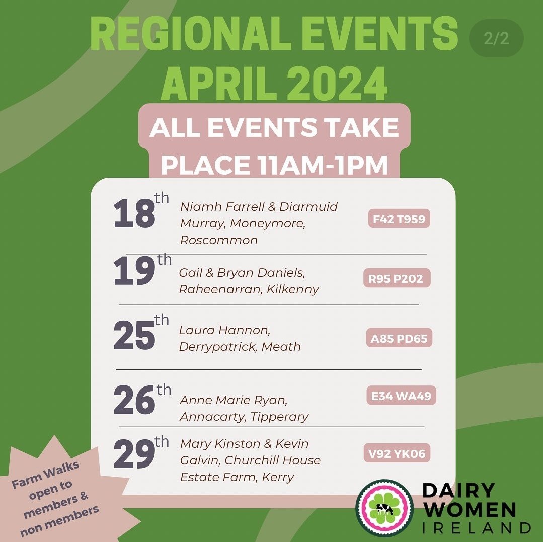 Getting started with grass management, regional events happening across the country. Free and open to members and non members of @DairyWomenIre 🐄