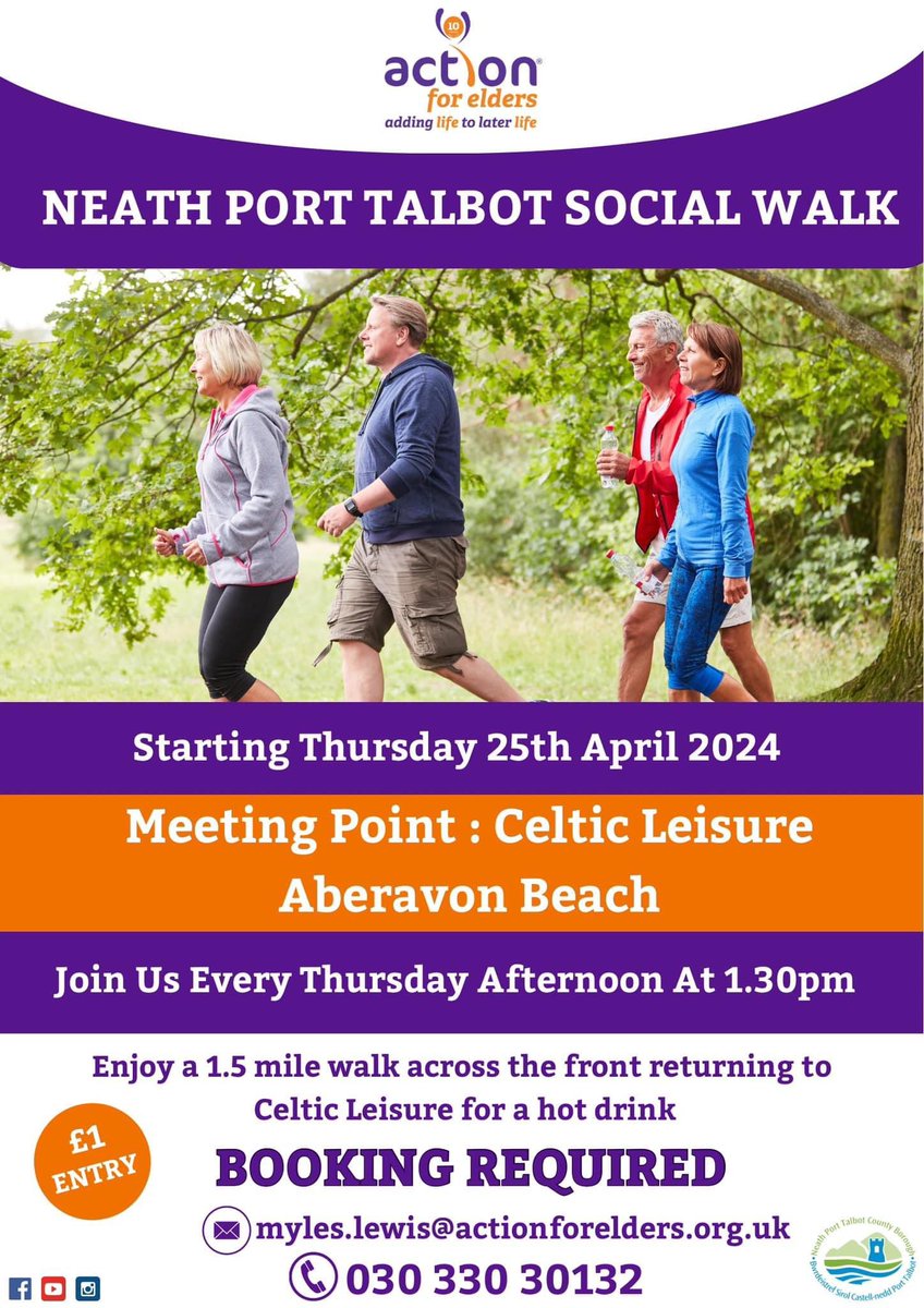 Get ready to walk! Join our #NeathPortTalbot social walk starting April 25th, 2024. Every Thursday at 1.30pm, walk 1.5 miles along Aberavon Beach for just £1. Enjoy a hot drink at Celtic Leisure after. Book your spot now! Email myles.lewis@actionforelders.org.uk