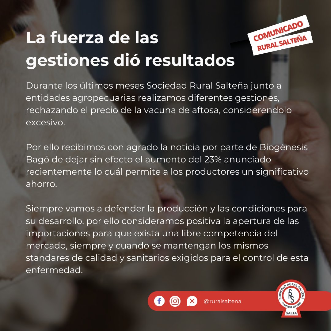 📢 COMUNICADO SRS: La fuerza de las gestiones dió resultados. 
Compartimos comunicado completo de SRS referido a la vacuna contra la fiebre aftosa.