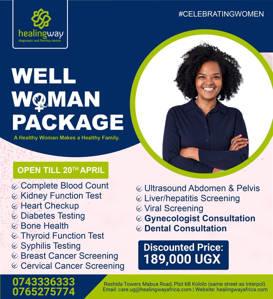HealingwayUG's tweet photo. It's still on! Take advantage of our ongoing Well Women Package, available until April 20th. Get yourself or loved one a comprehensive health check-up today!
#HealingwayAfrica #WellWoman https://t.co/sct1Ny5pzT