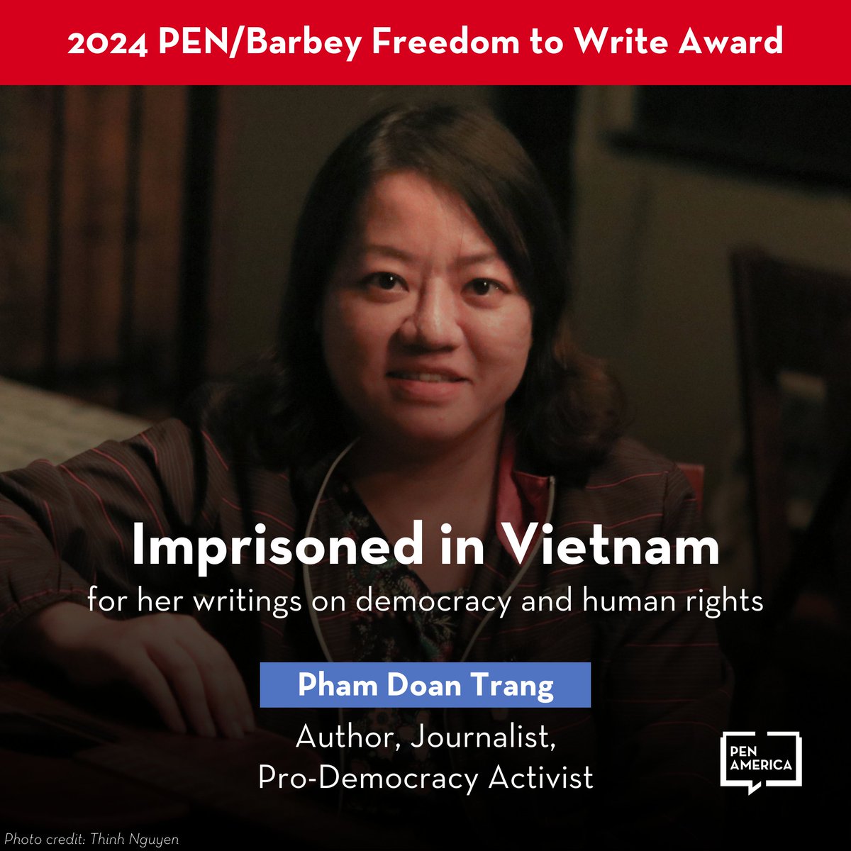 PENamerica's tweet photo. BREAKING: Pham Doan Trang, writer and pro-democracy activist imprisoned in Vietnam, will be honored with the 2024 PEN/Barbey #FreedomToWrite Award.

Trang is currently serving 9 years in prison for spreading "anti-state propaganda." 

More: https://t.co/GfeiDFS4Uv https://t.co/rdRAOMPeC7