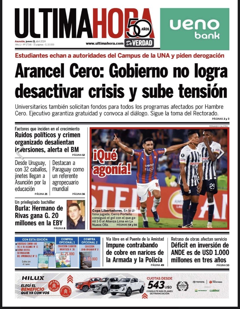 Portadas de los diarios paraguayos. Hablan de sufrimiento y agonía para explicar el triunfo de Cerro Porteño sobre Alianza LIma.