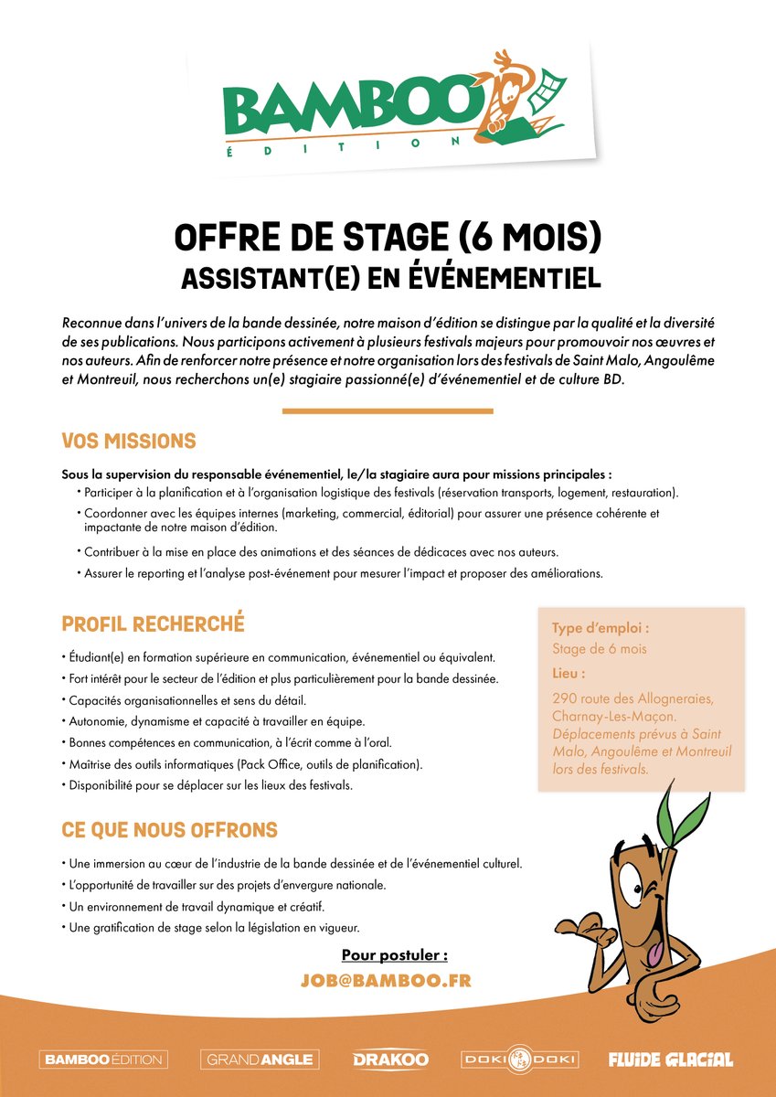 📣 OFFRE DE #STAGE 📣 ⏳ De septembre 2024 à février 2025 📍 À Charnay-lès-Mâcon Vous recherchez un stage en événementiel dans le secteur de l'édition et souhaitez rejoindre une équipe dynamique et familiale ? Envoyez-nous votre candidature par mail à l'adresse job@bamboo.fr ! ✍️