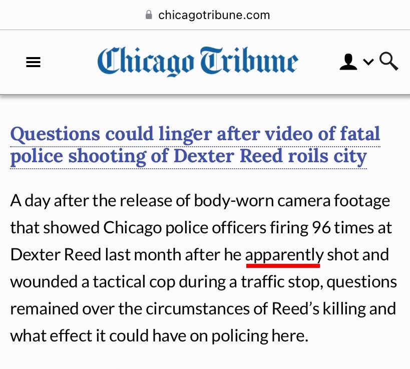 Chicago Tribune this morning. Notice the use of the word “apparently”. Is there any doubt he shot at them? The Trib wants you to think so.
