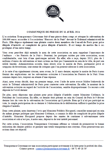 🏛️📣 D'une pierre, deux coups : nous portons plainte et déposons un recours devant le tribunal administratif contre l'association 'Les Pierrots de la Nuit' et son Président ! Au menu : gabegie d'argent public, copinage à la mairie de @Paris et prise illégale d'intérêt !