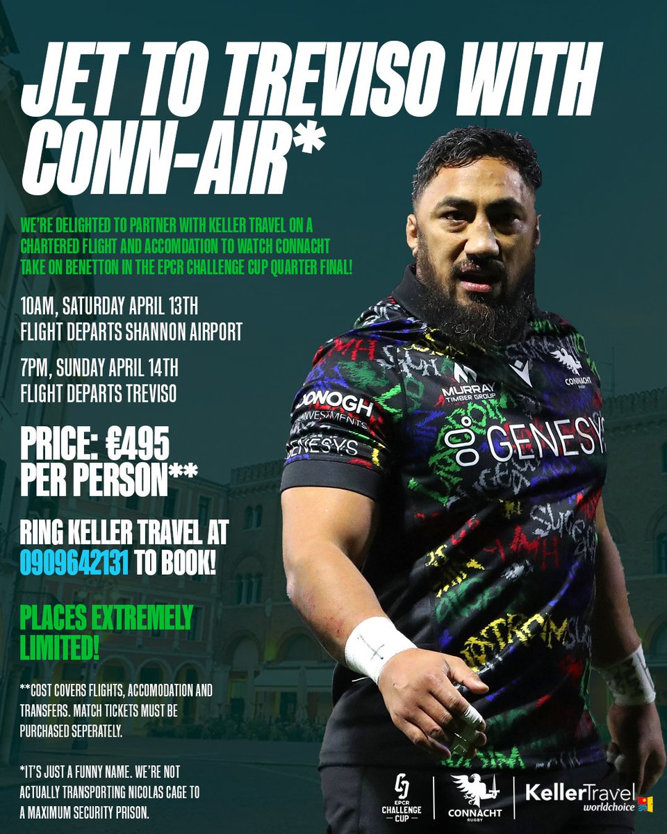 Only a few places left! ✈️ Travel with us this weekend to Treviso 🇮🇹 connachtrugby.ie/news/travel-wi… #ConnachtRugby | @KellerTravelLtd