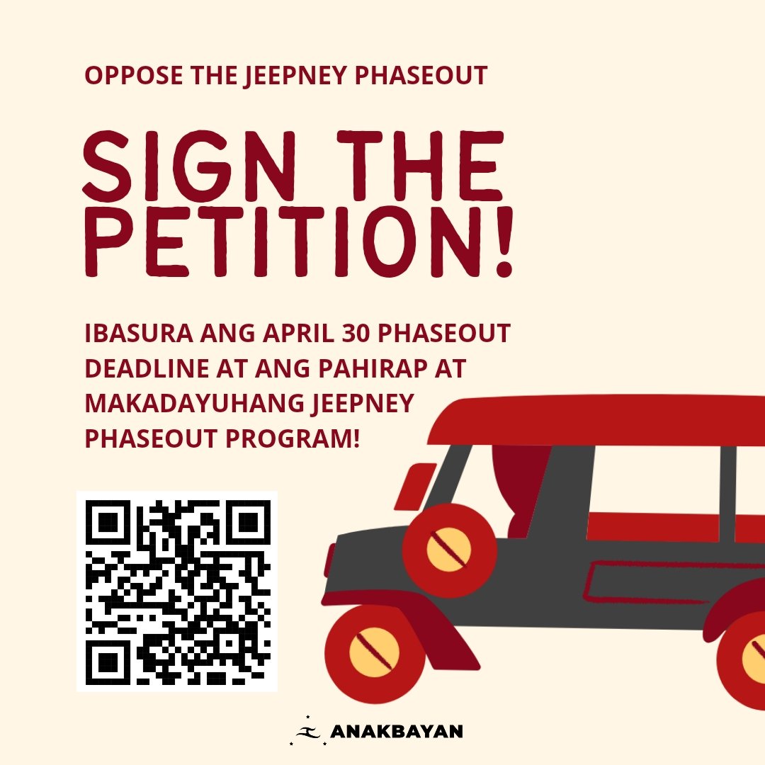 SIGN THE PETITION: IBASURA ANG JEEPNEY PHASEOUT! Kami, mga komyuter ay tumitindig kasama ang mga tsuper, operator at manggagawang pang-transportasyon upang ibasura ang pahirap at mapanlinlang na jeepney phaseout. #NoToJeepneyPhaseout