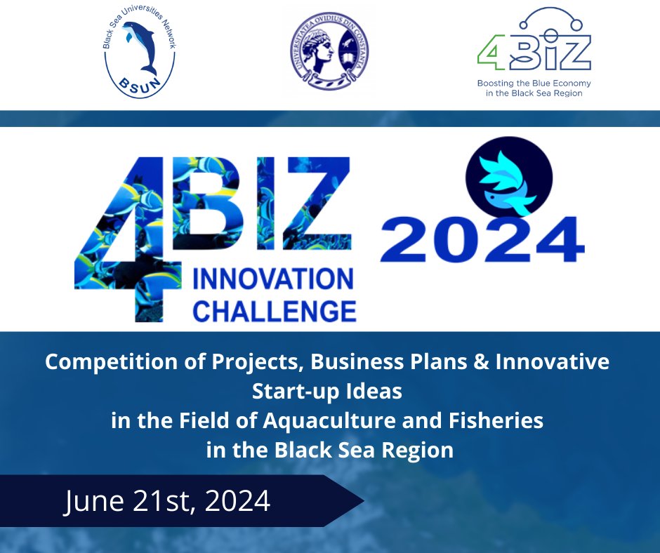 📷4BIZ Innovation Challenge 2024📷 Competition of Projects, Business Plans & Innovative Start-up Ideas in the Field of Aquaculture and Fisheries in the Black Sea Region When: June 21st, 2024 Deadline: June 1st, 2024 Format: online / offline Learn more: 4biz.bsun.org/?p=1204