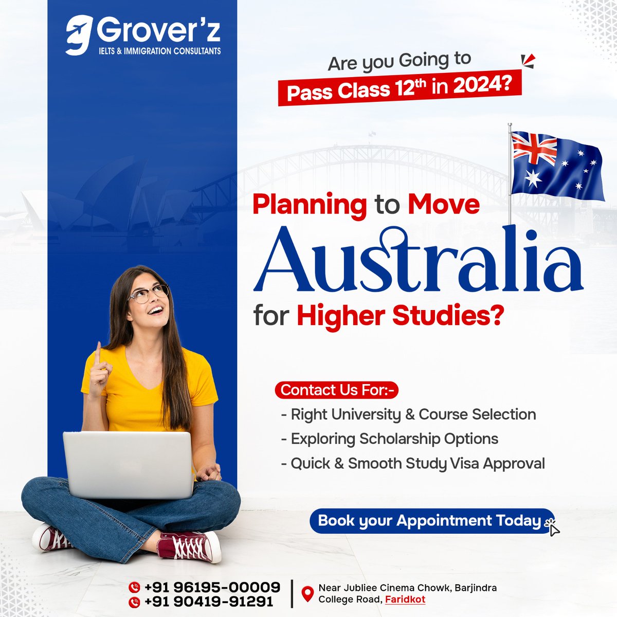 Big dreams after graduation?
Turn them into reality with a study visa for Australia!🇦🇺📚  
We make the application process easy!
Contact us now: 96195-00009, 90419-91291
groverz.in
.
.
.
#GroverzIeltsImmigration #AustraliaStudyVisa #HigherStudies #BachelorsDegree