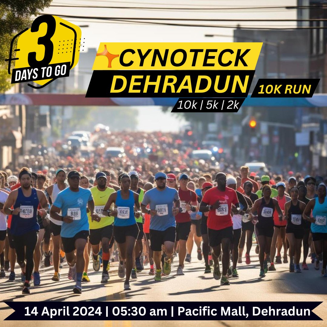 Cynoteckies are super pumped for the big #CynoteckDehradun10kRun happening soon. 🏃‍♂️It's going to be the largest #run of 2024 so far! See you all on April 14th at Pacific Mall, Dehradun, starting at 5:30 AM. We're really excited to see everyone there! 🤩 #3daystogo