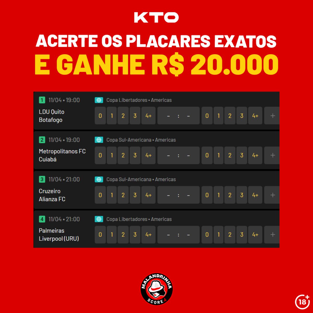 Hoje tem Malandrinha de 20.000 REAIS! Basta acertar os placares dos jogos abaixo! 🤑 🌐 LDU x Botafogo 🌐 Metropolitanos x Cuiabá 🌐 Cruzeiro x Alianza FC 🌐 Palmeiras x Liverpool-URU Você manja das competições continentais? Aproveita! 🔥 📎 bit.ly/KTO_TT