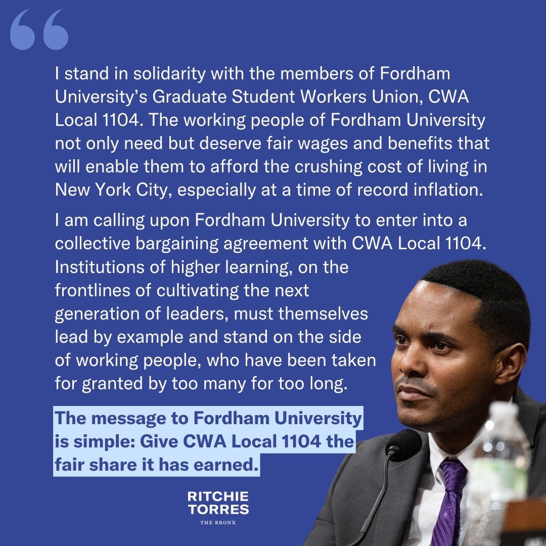 My statement calling upon Fordham University to enter into a collective bargaining agreement with CWA Local 1104.