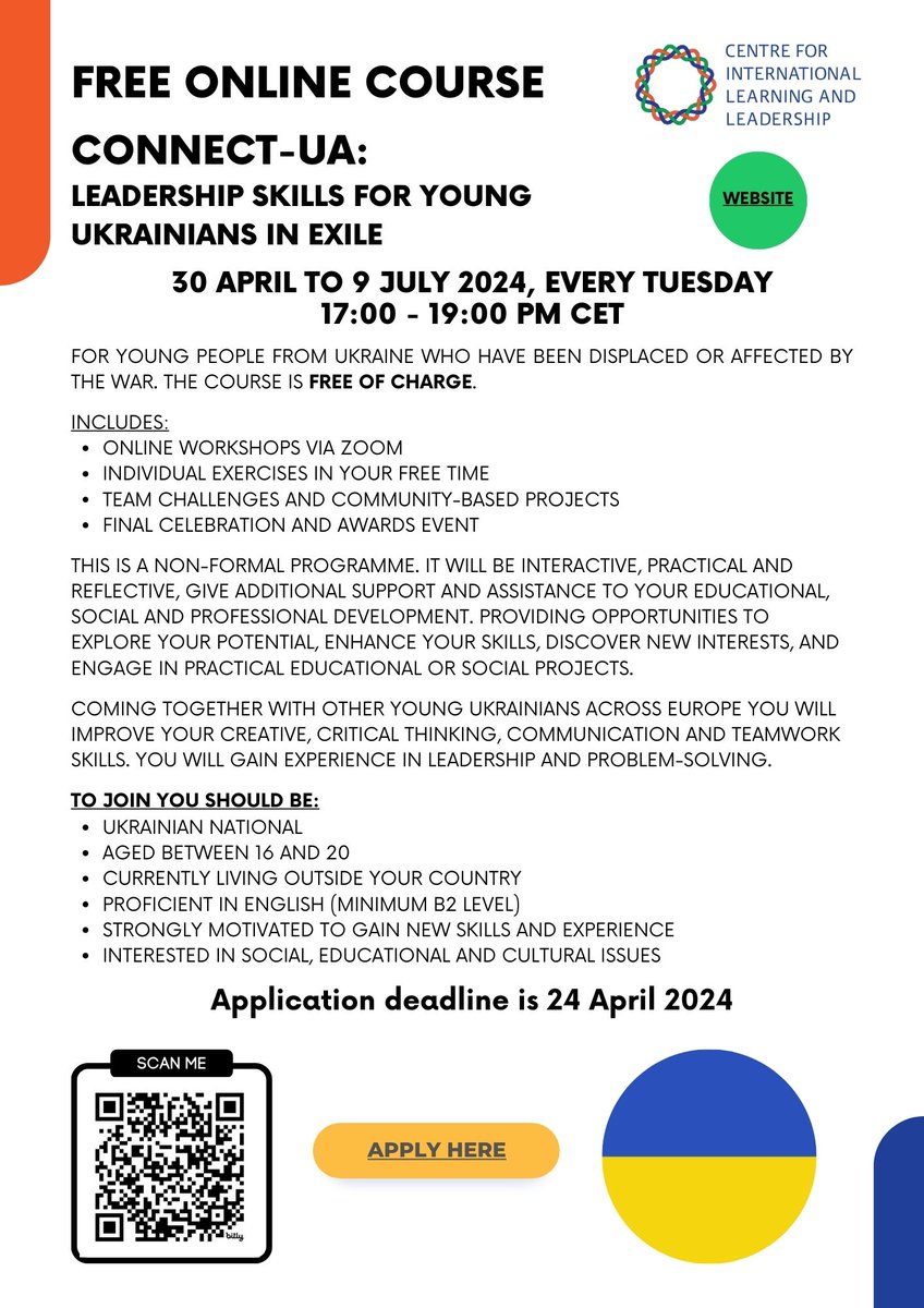 Free online course for young Ukrainians aged between 16 and 20 who have been displaced or affected by the war. Come together to improve your creative, critical thinking, communication and teamwork skills. To find out more and apply - bit.ly/connect-ua #ukraineyouth