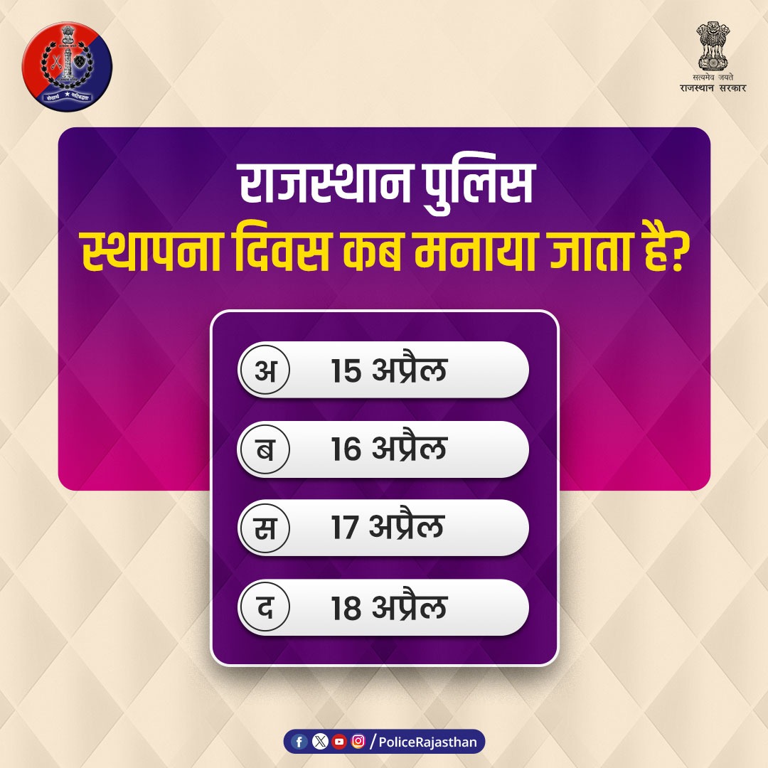 'अपराधियों में डर, आमजन में विश्वास' है राजस्थान पुलिस का ध्येय।

क्या आप जानते हैं कि राजस्थान पुलिस का स्थापना दिवस कब मनाया जाता है?

जवाब कमेंट करके बताएं।

#RajasthanPolice
#RajasthanPolicePoll
#Poll