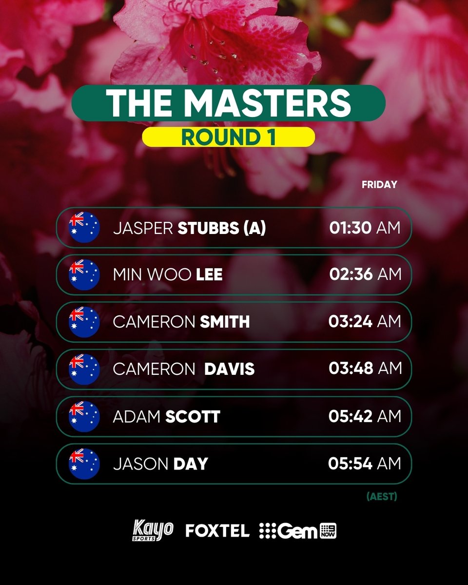 We have a start time for #themasters! Play will begin at 10:30am local time/12:30am AEST with the new Australian tee times here. 📺 Watch it LIVE on @FOXSportsAUS and @wwos, available on @Foxtel and @kayosports: bit.ly/3Q38Ihi