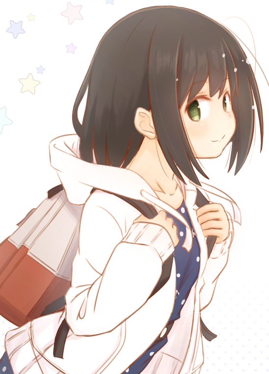 fubuki (kancolle) 1girl solo looking at viewer smile simple background black hair long sleeves  illustration images