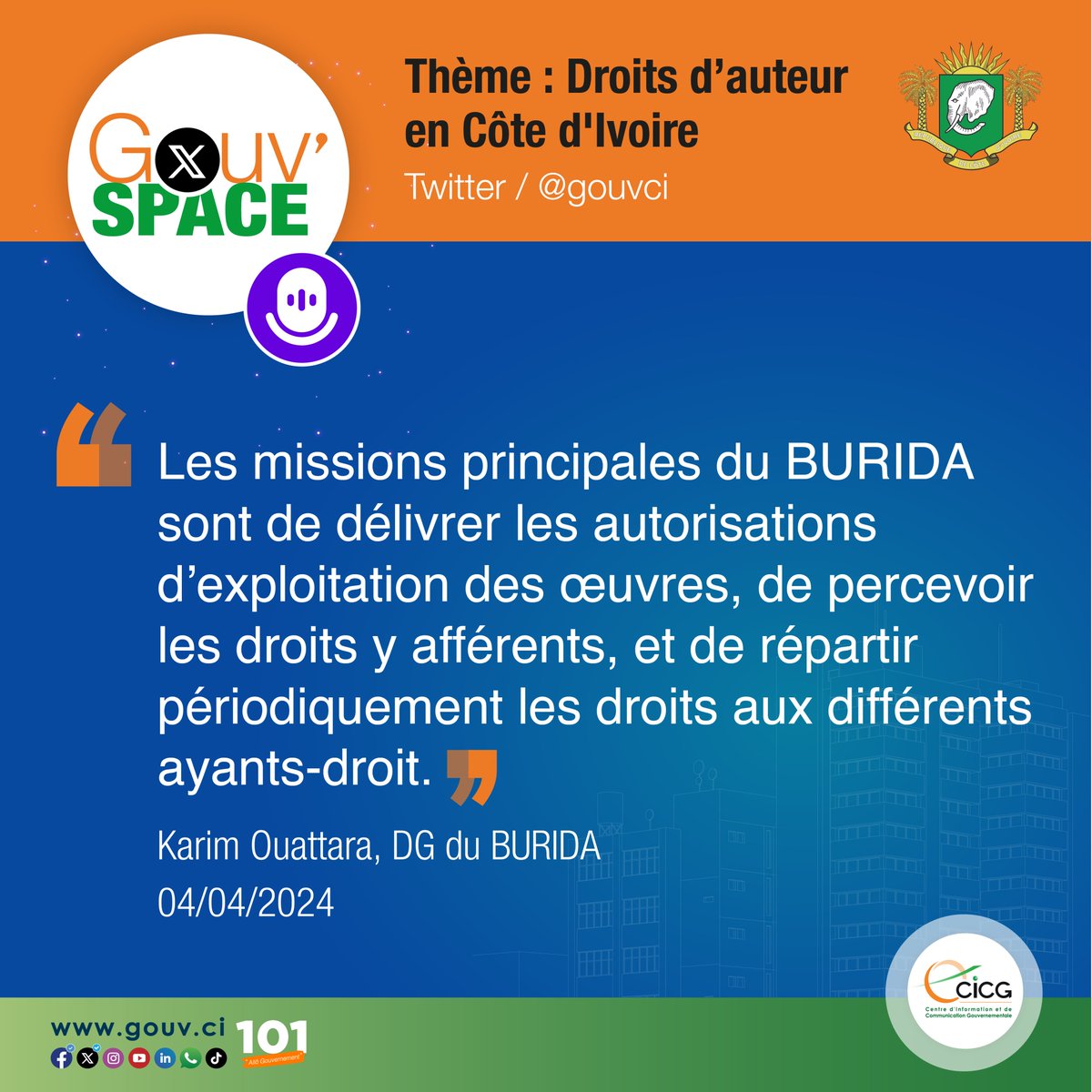 #GouvSpace | Ce qu’il faut retenir du Gouv'Space du jeudi 04 avril 2024 Thème : Les droits d'auteur en Côte d'Ivoire Réécoutez le Space ici 👉 twitter.com/i/spaces/1lPKq… #CICG #GouvCI
