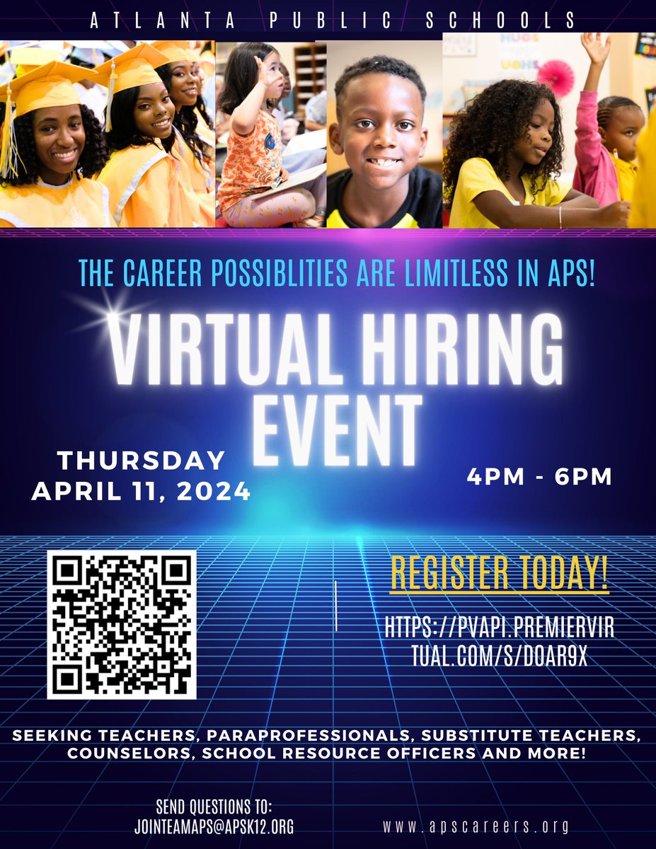 ⏰You're not too late! Registration is still open! 📢 Meet our schools and departments today, April 11th, in our virtual job fair space from 4 PM - 6 PM! APS has the perfect career for you! apscareers.org #JoinTeamAPS #SayYEStoAPS #Hiring #LimitlessOpportunities