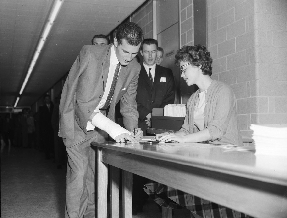 Spring term is coming up Warriors! This #TBT we are looking back at James Lowes the first Engineering student to register in 1959 here at Waterloo. What classes are you excited for? Taken from Kitchener-Waterloo Record Photographic Negative Collection (59-13525_001). #UWSCA