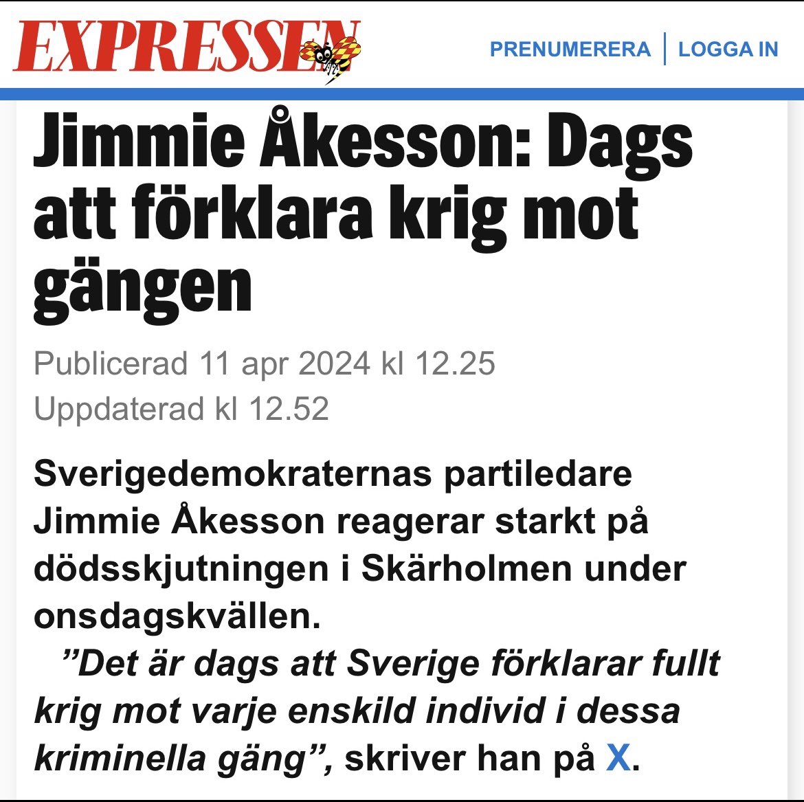 Ja, det är dags att på allvar förklara krig mot gängen. Det är nog nu. Men vi måste också förstå att detta till stor del är ett importerat problem. Det är en direkt följd av en medveten politik, där samtliga tidigare regeringar bär ett tungt ansvar. Det går att koppla direkt till…