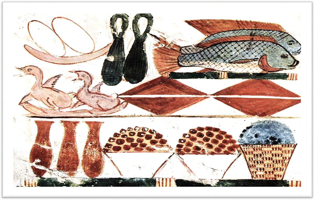 Ancient Egyptian banquets often served bread, beef, goose, cheese, fish, beer and a variety of fruits and vegetables. In the tomb of Menna, a high-ranking official during Egypt's New Kingdom (Amenhotep III), a picture of an ancient Egyptian meal is a reflection of this feast 🐟🍺