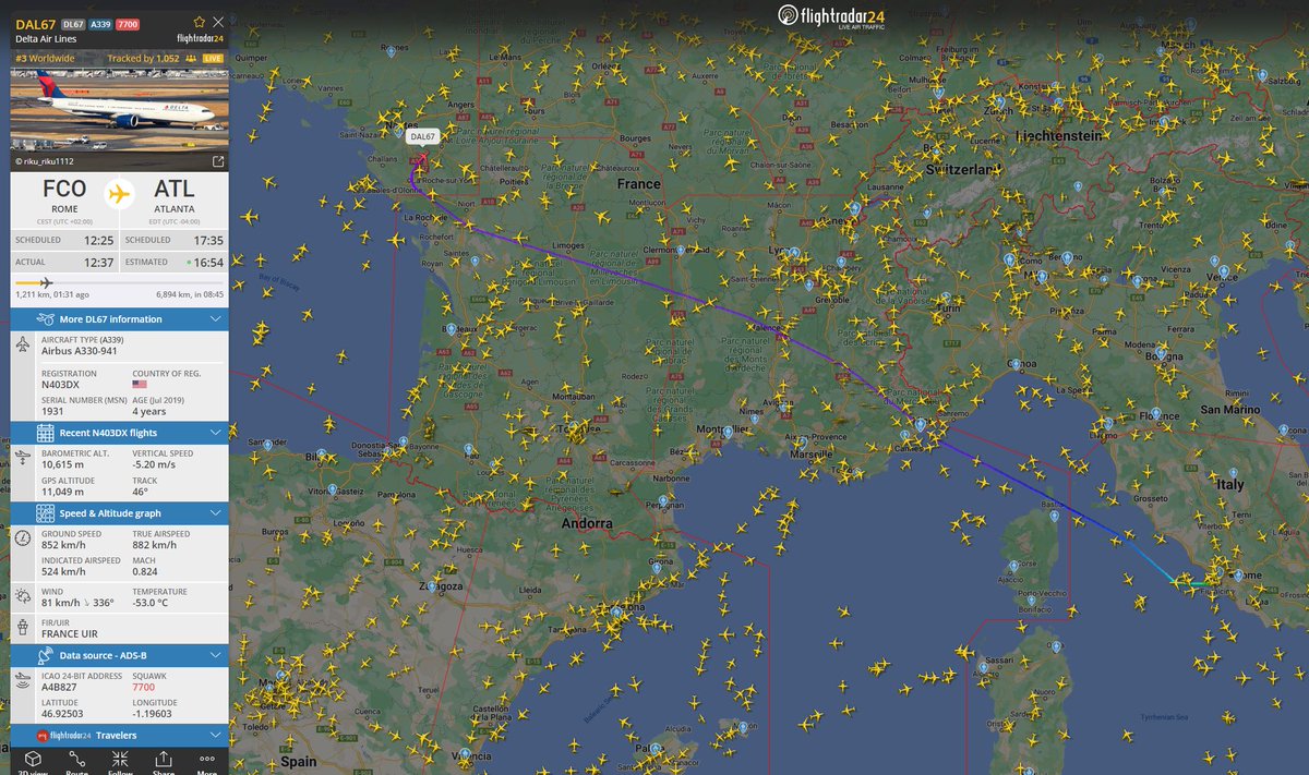 b737m's tweet image. 🚨🚨🚨 #Emergency_Landing
#Squawk alert 7700
#Delta Air Lines
DAL67 / DL67
#Airbus A330-941
Reg: N403DX
From #Rome 🇮🇹 to #Atlanta 🇺🇸
Diverting to #Paris 🇫🇷 (CDG airport)

.