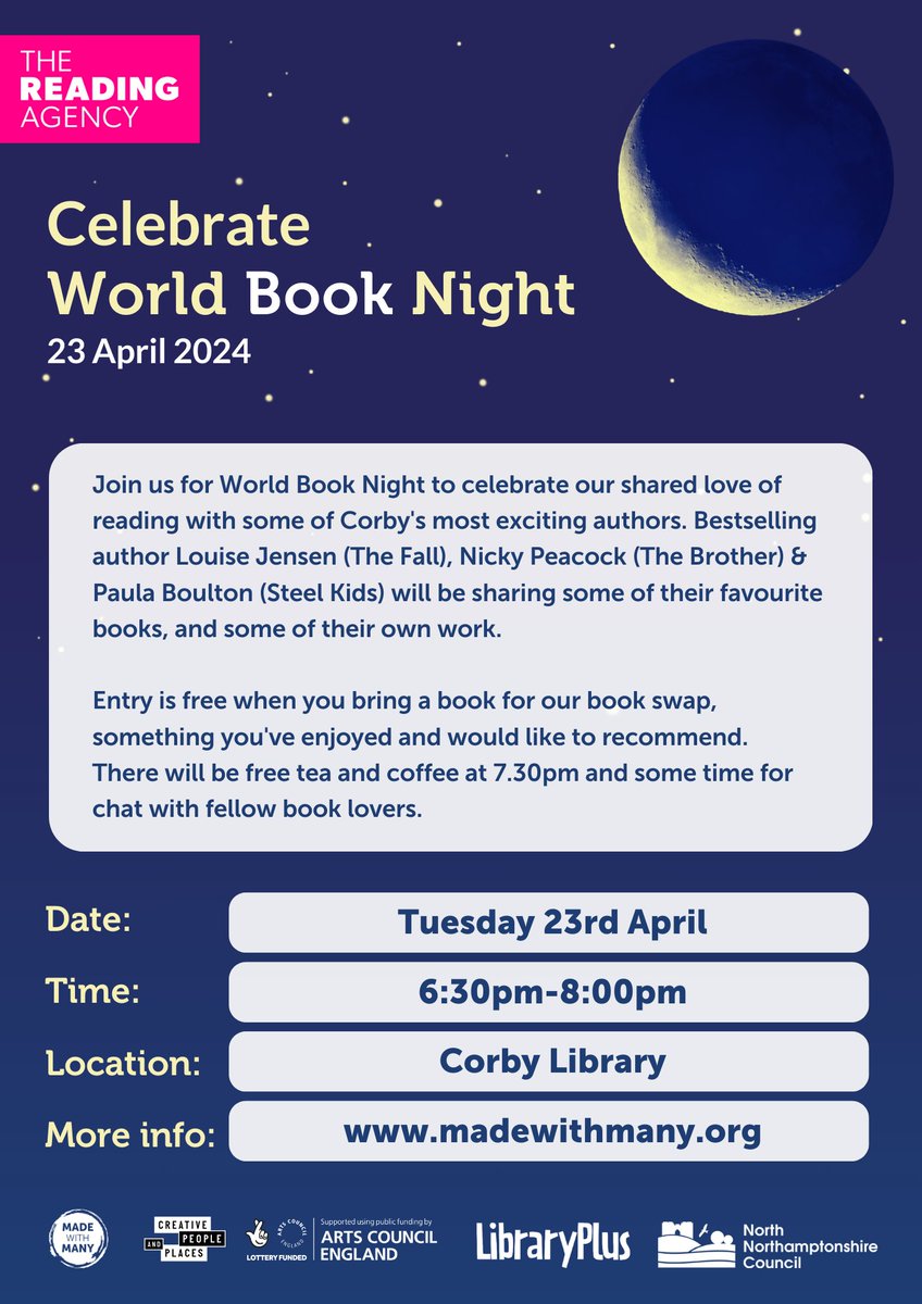 Join @MadeWithMany_ at #Corby Library, Tues 23 April 6.30-8pm, to celebrate #WorldBookNight! Meet authors Louise Jensen, Nicky Peacock & Paula Boulton. Hear about their books & buy copies - there's even free tea & coffee 😍📚 madewithmany.org/event/world-bo… @Fab_fiction @NickyP_author