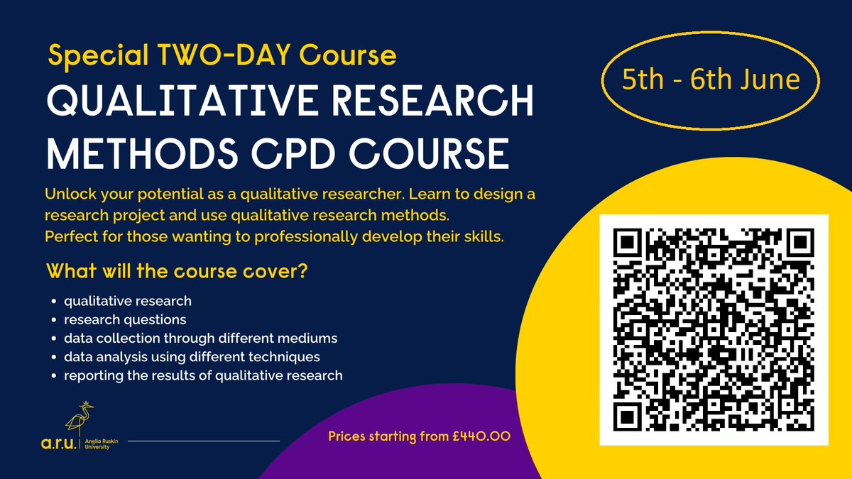 Interested in designing and carrying out qualitative research? ARU's CPD course provides the basics of data collection & analytic techniques. PLUS, consultancy options & opportunities to network. 📆 5-6 June Book by 26 May! Click here to find out more: ow.ly/tnmq50Rc9AW