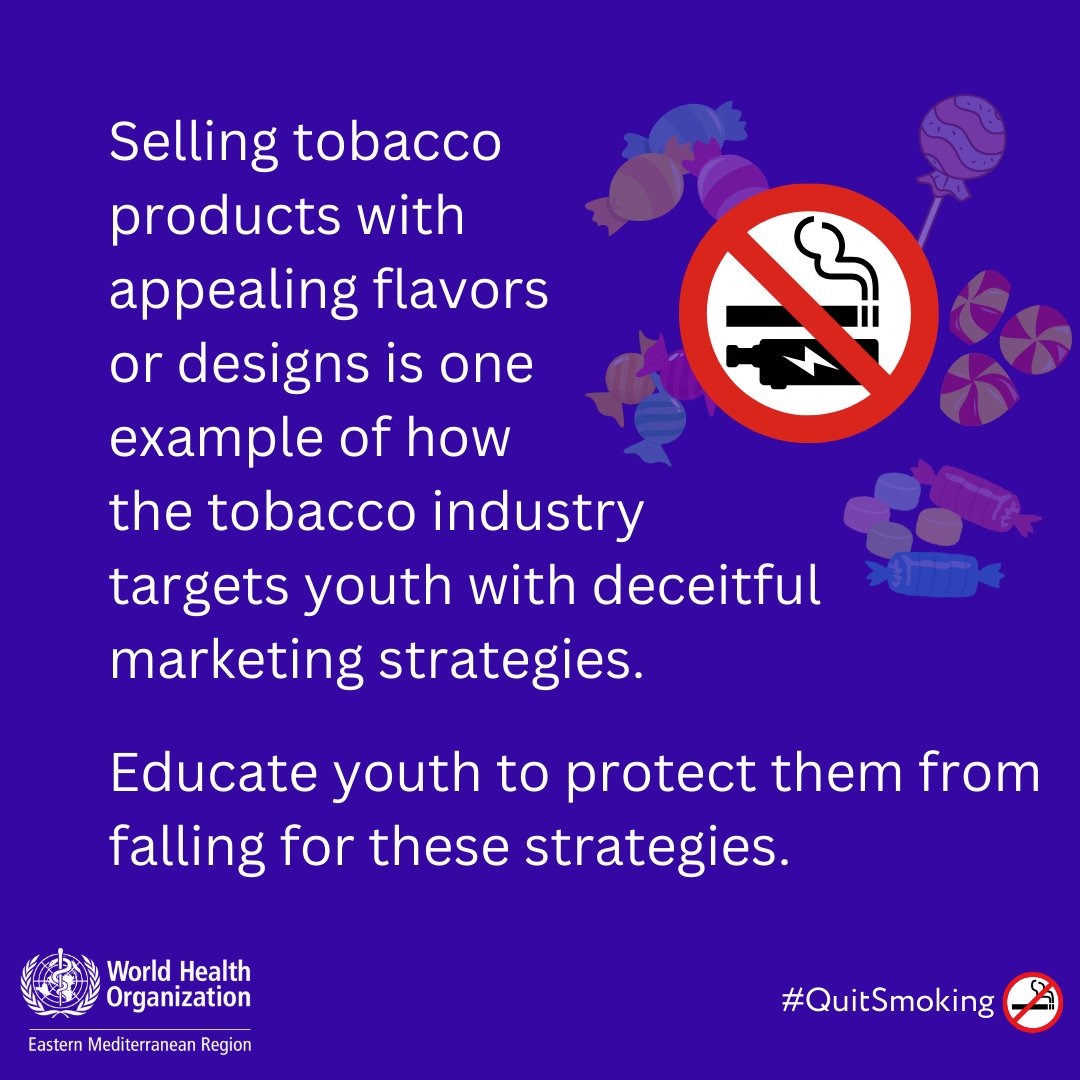 The tobacco industry targets youth with deceitful marketing strategies to create a new generation of nicotine addicts. One example is selling tobacco products with flavors or designs that appeal to children. Educate youth to protect them fall for these strategies. #QuitSmoking