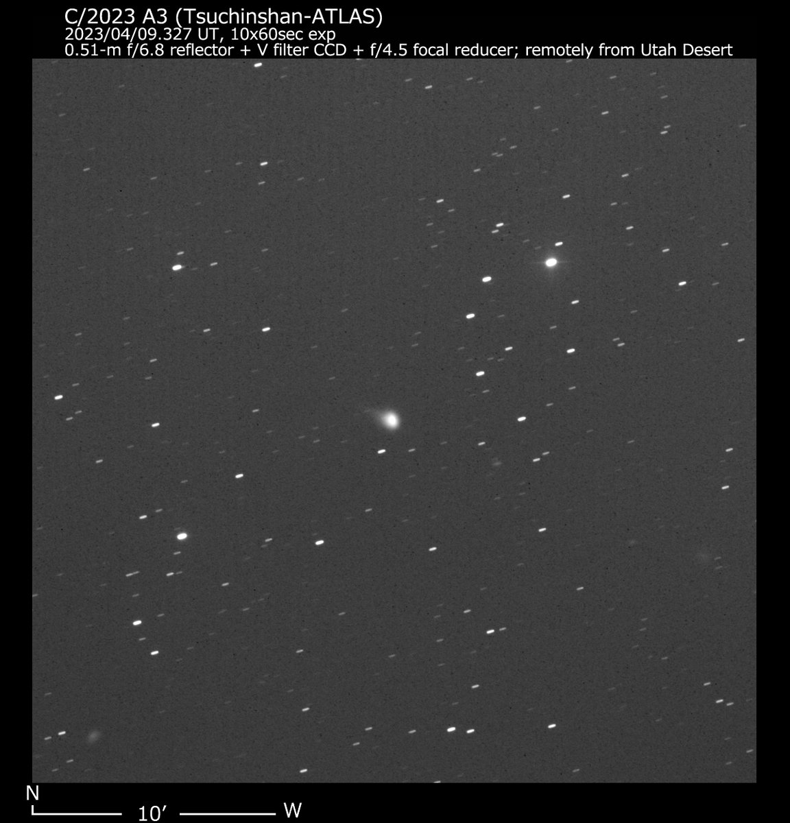 C/2023 A3 (Tsuchinshan-ATLAS)
Apr. 09.33, 11.0V, 1'.4 (0.51-m f/6.8 reflector + V filter CCD + f/4.5 focal reducer; remotely from Utah Desert);
comparison stars used APASS Vmag.