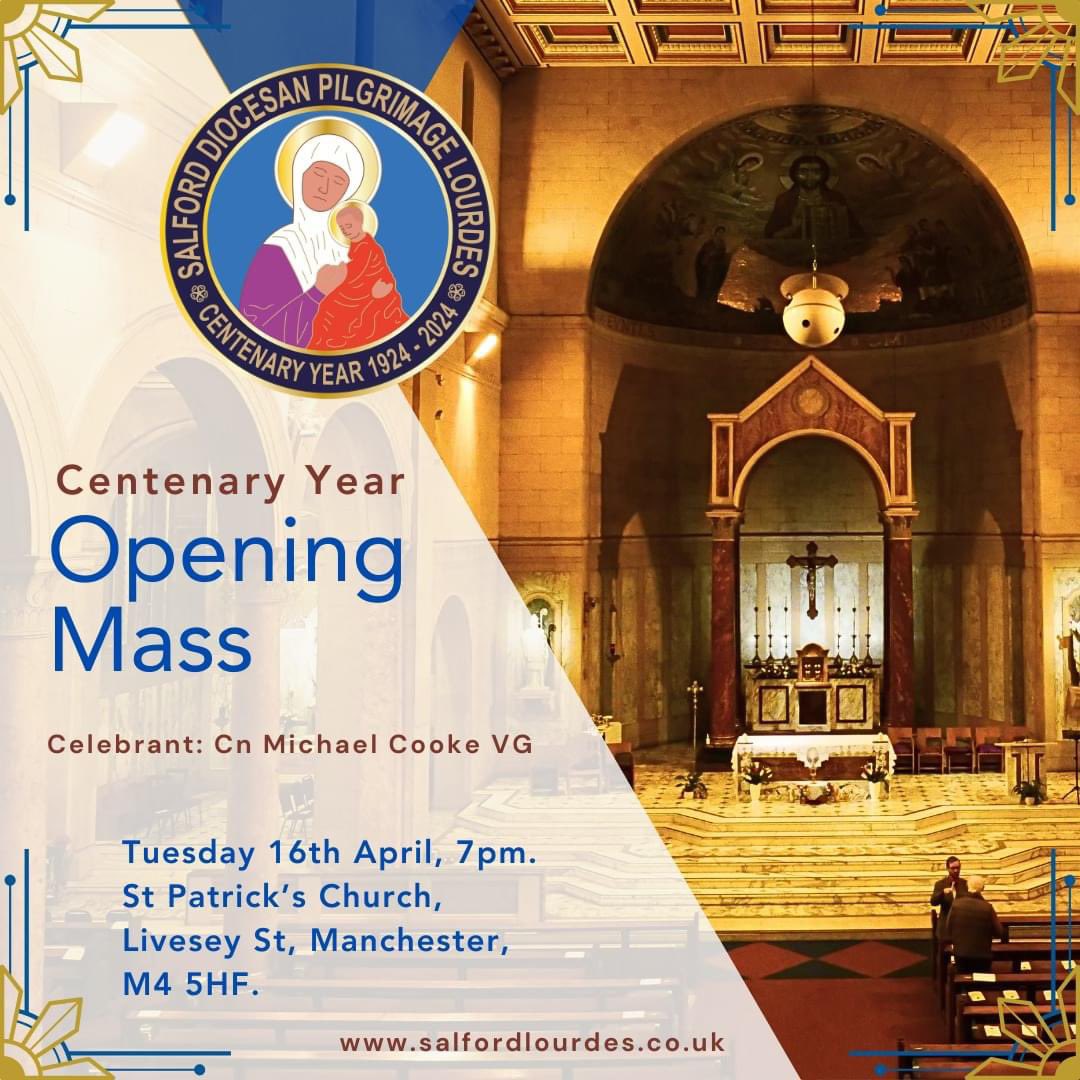 We hope that you'll join us next Tuesday as we officially open our Centenary Year celebrations with Mass at St Patricks Church, Livesey St, Manchester at 7pm. Cn Cooke VG will now celebrate Mass and refreshments will be available following Mass. We look forward to seeing you.