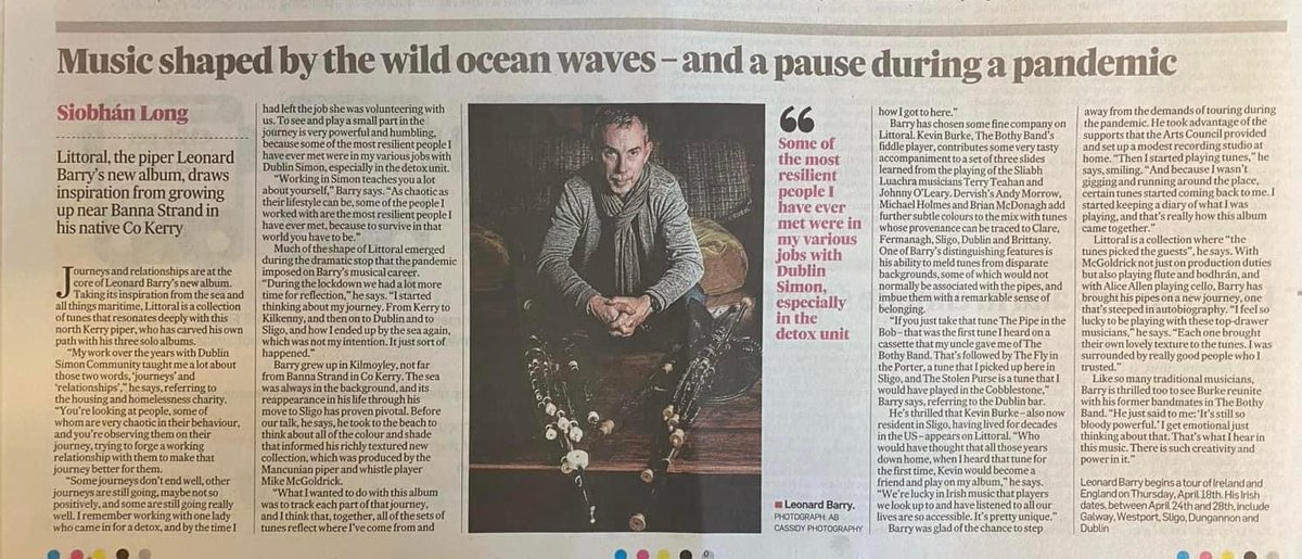 A real pleasure to talk to Siobhan Long of @IrishTimesCultr about the new album and also a mention of some dates in England and Ireland over the next few weeks. Tickets at leonardbarrymusic.com/littoral-tour-… @culture_ireland @ConcertedAgency @CobblestoneDub