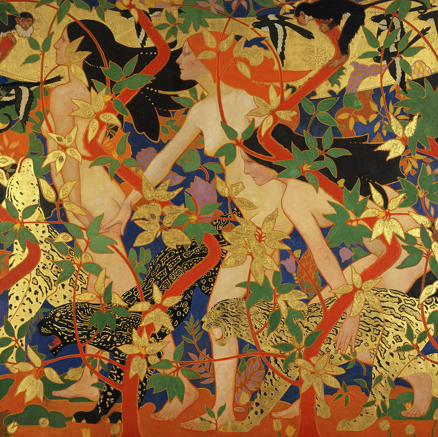 This week's #OnlineArtExchange theme is mythical creatures for @PerthMuseumUK's reopening & Unicorn exhibition. Here's Robert Burns' gorgeous The Hunt (1926) at @NatGalleriesSco.